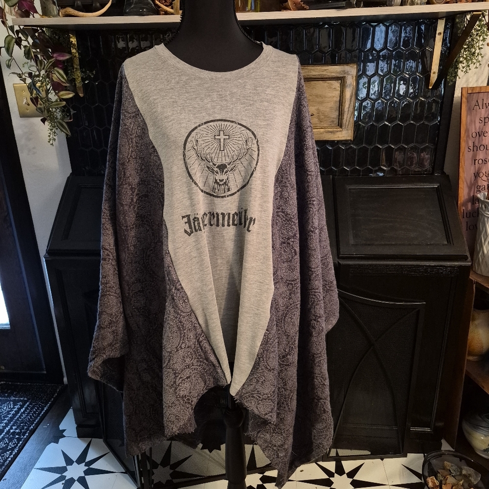 Jagermeister Gray Graphic Poncho with Draped Paisley Kimono Sleeves Upcycled OAK